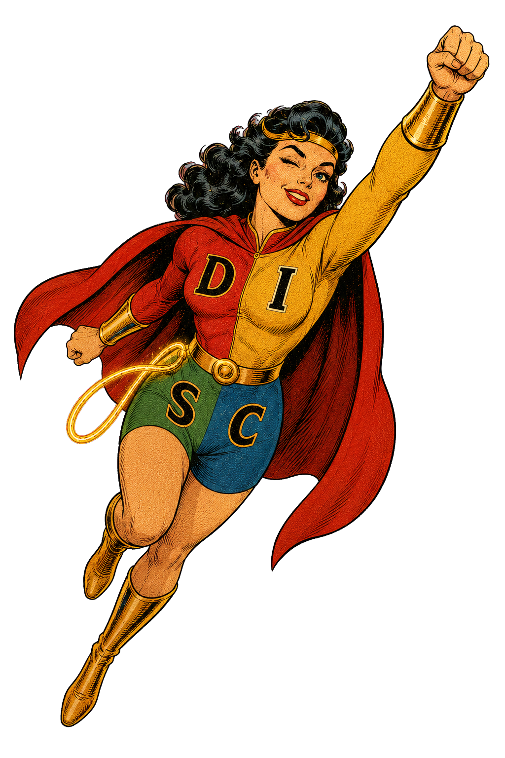 Illustratie van een superheldin in de vier DISC-kleuren — knipoog naar Marston, de geestelijk vader van Wonder Woman