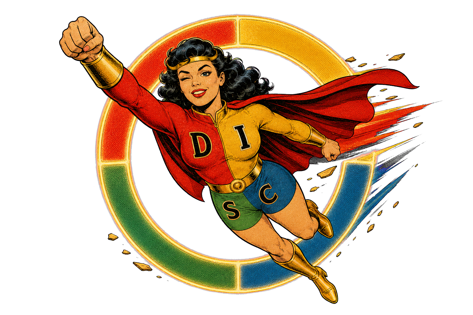 Illustratie van een superheldin die door een cirkel in de vier DISC-kleuren vliegt
