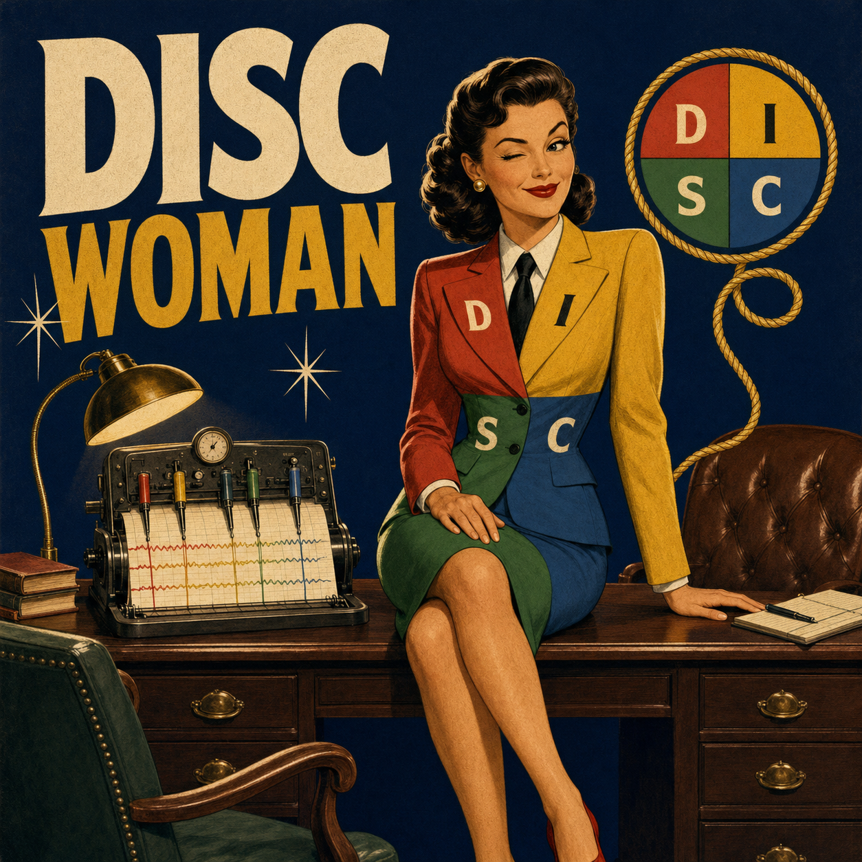 Vintage posterillustratie van DISC Woman met een leugendetector en lasso — knipoog naar Marston